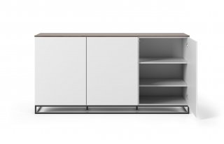 Buffet WHITY blanc mat 180cm 3 portes Plateau noyer piètement noir